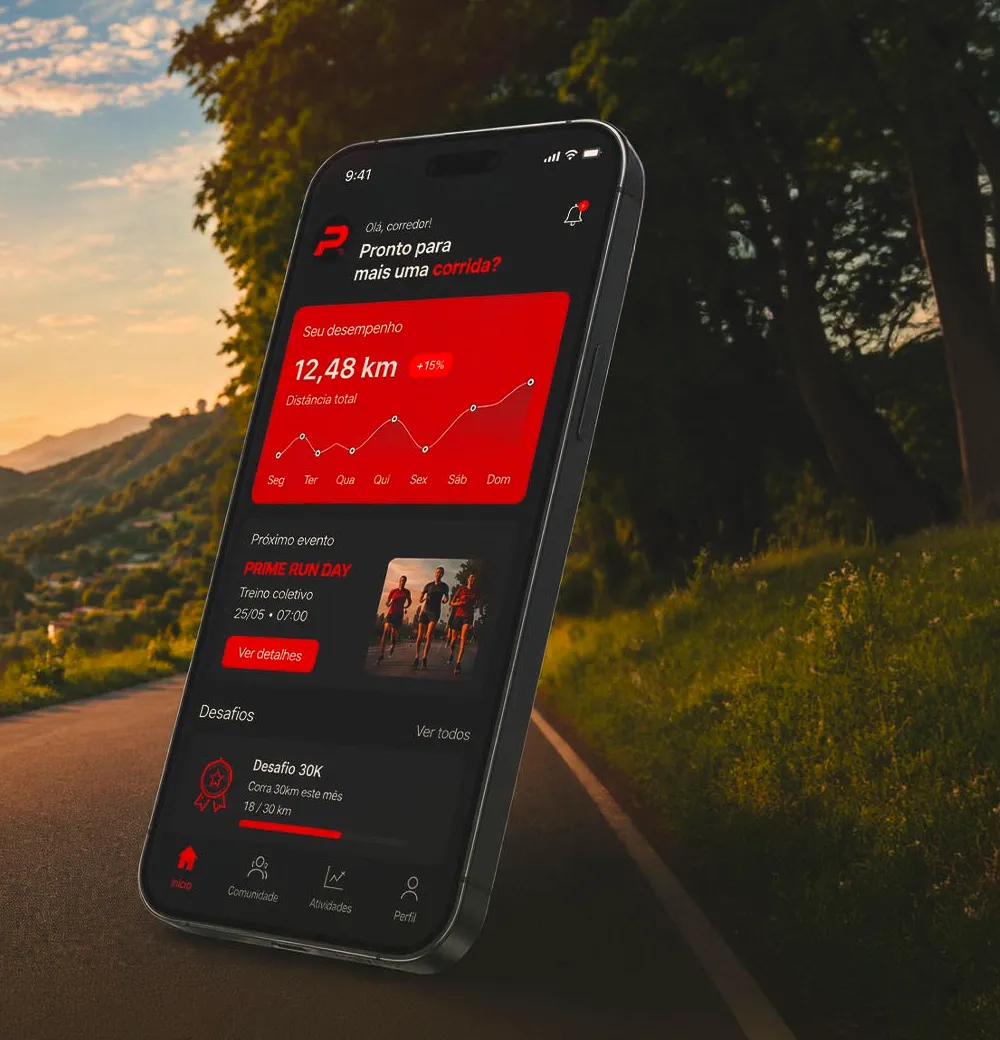 O app Prime Run Trainer aberto num celular, mostrando o desempenho da semana